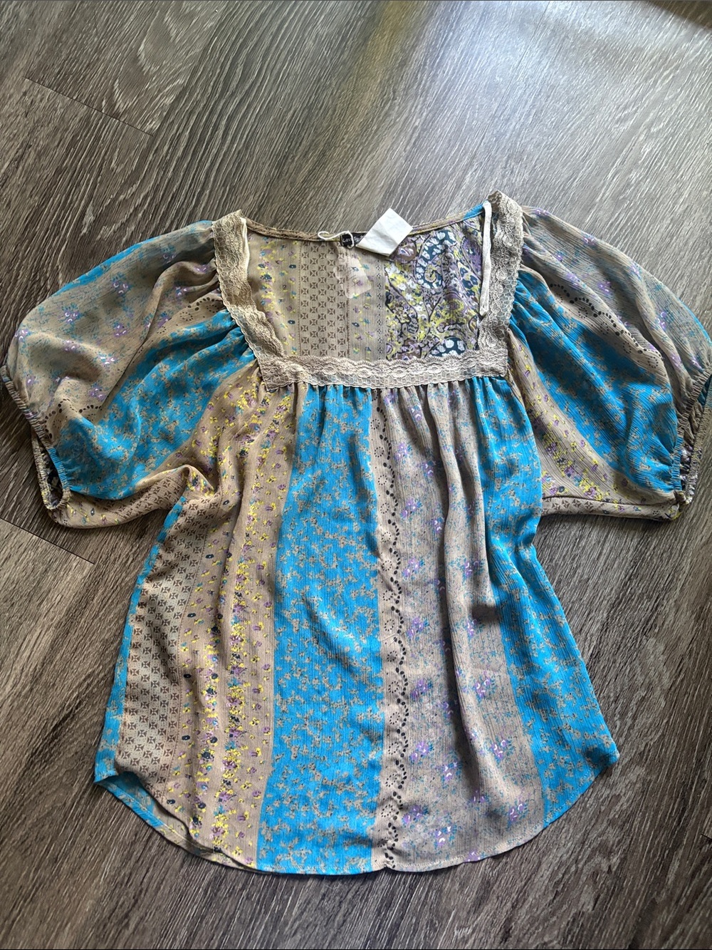 Y2K Sheer Boho Patchwork Print Peasant Top